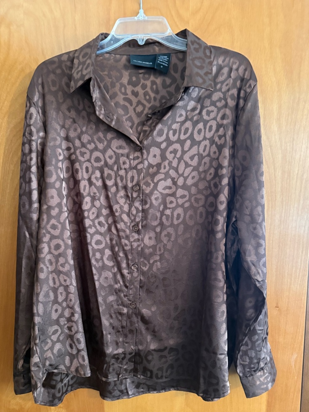 New York & Company Brown Leopard-Print Satin Button-Down Shirt